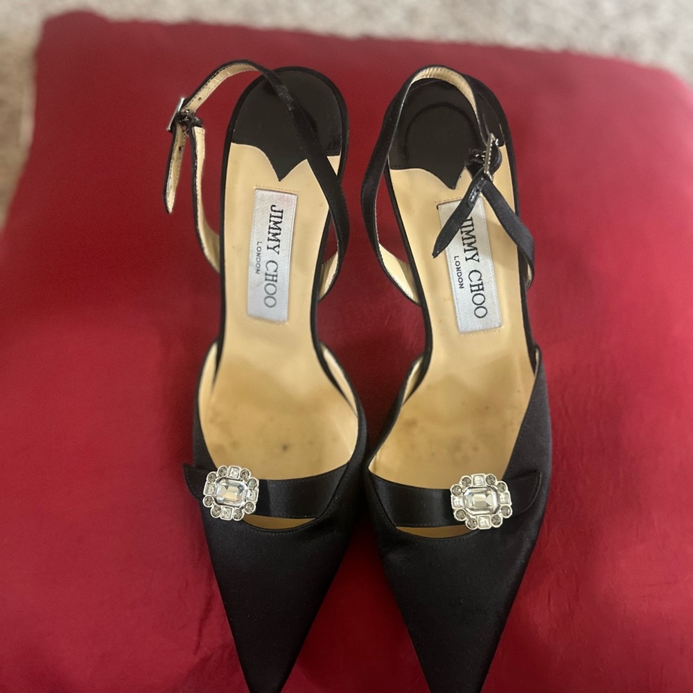 Jimmy Choo Black Satin Pointed Slingback Heels with Crystal Buckle
